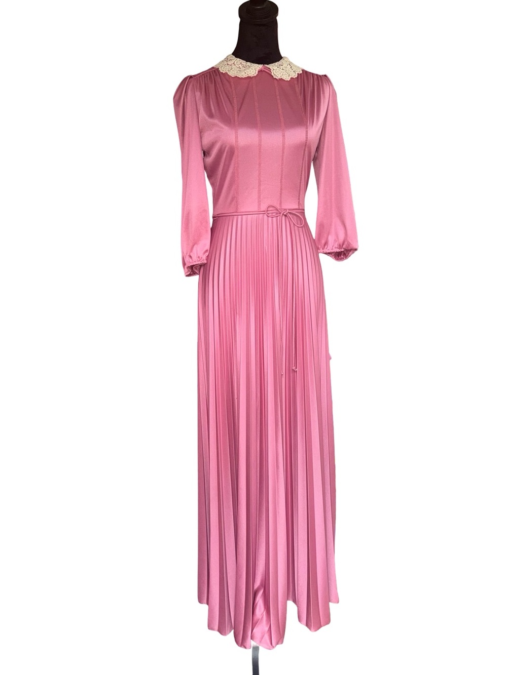 Vintage 1970s Pink Satin Accordion Pleated Maxi Dress Lace Collar Long Sleeve S